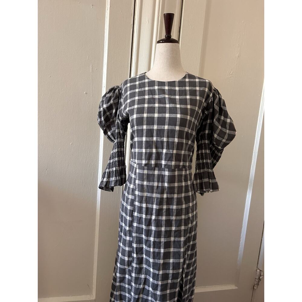Nary Resort Gray‎ Plaid Puff Sleeve Dress Tie Back Slit | L - Picture 2 of 6